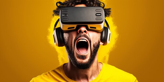 L'uomo barbuto sta provando il suo visore vr su sfondo giallo ai generativo