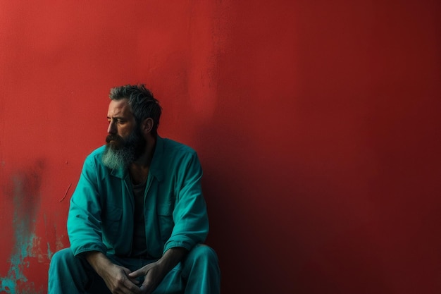 Bearded man long beard with moustache in turquoise shirt sitting on red wall background