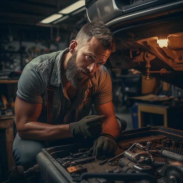 Foto bearded man mechanic reparatie auto portret