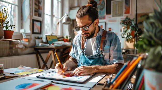 Foto bearded man met een bril en een geruite shirt met randen werkt aan een creatief project in zijn thuisstudio