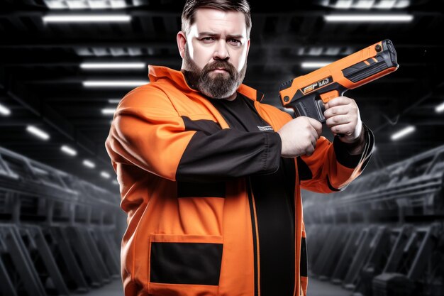 A bearded man in overalls looks seriously at the camera holding a toy gun in his hands