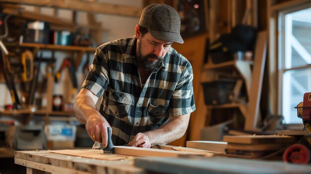 Bearded man in a plaid shirt and hat works on a woodworking project in his garage