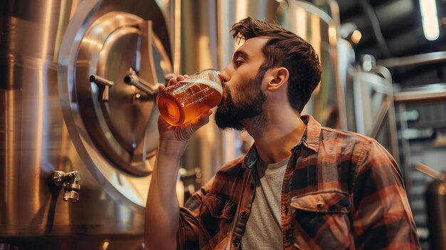 Photo bearded man in plaid shirt is drinking beer from a glass in the brewery