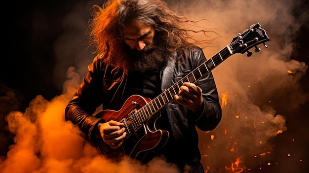 Бородатый мужчина играет на гитаре в дыму