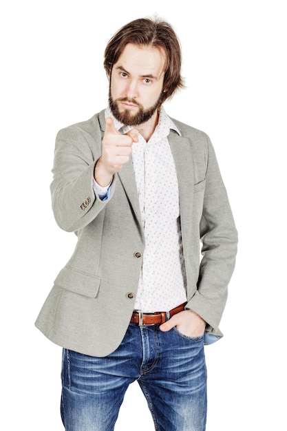 Foto uomo barbuto che punta il dito contro qualcuno emozione umana espressione facciale sensazione atteggiamento immagine isolato sfondo bianco