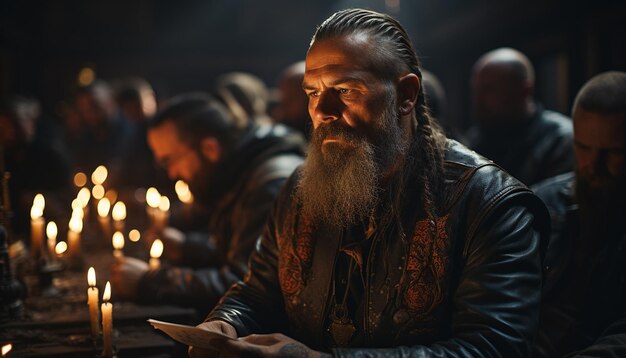 Photo a bearded man prays holding a candle surrounded by spirituality generated by ai