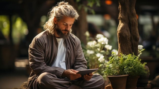 Bearded man reading electronic while sitting under cherry blossoms copy space for concept