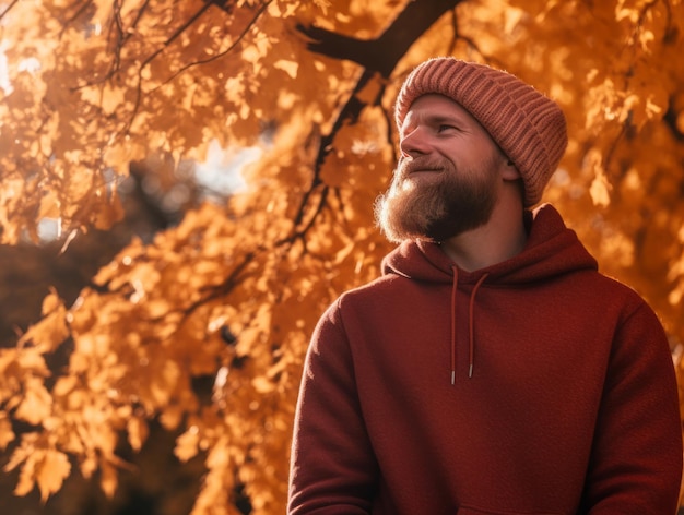 a bearded man in a red hoodie looks up at the autumn leaves