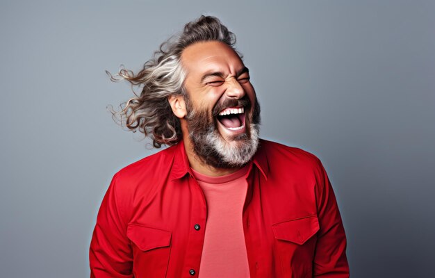 Photo bearded man in red shirt laughing