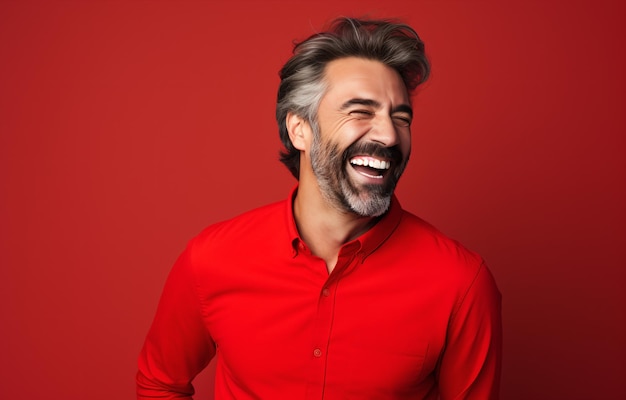 Bearded man in red shirt laughs heartily