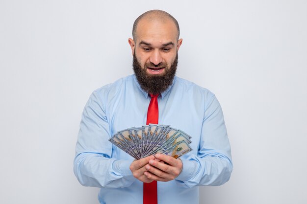 Bearded man in red tie and blue shirt holding cash looking at money amazed and surprised smiling