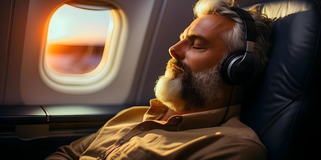 Photo a bearded man relaxing and listening to music during a flight concept travel music relaxation beards airplanes