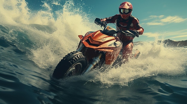 Bearded man rijden op een quad fiets op het strand in de zomer generatieve ai