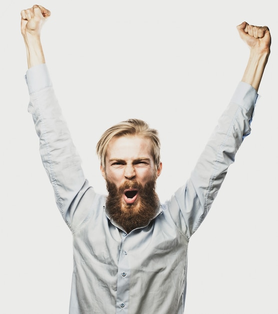 Bearded man showing hand up 