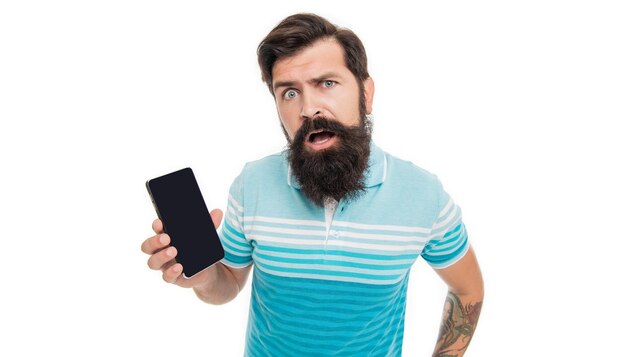 Bearded man showing phone app isolated on white man showing phone app in studio