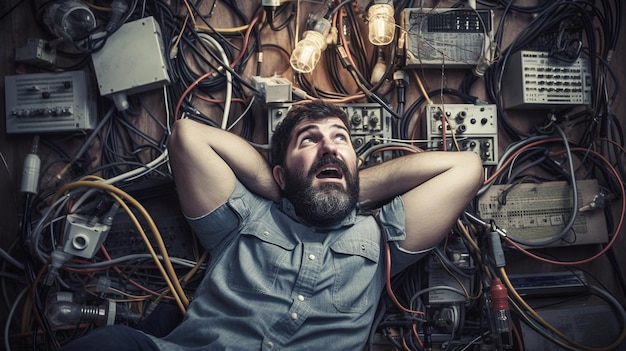 Photo bearded man sits in shock among the wires