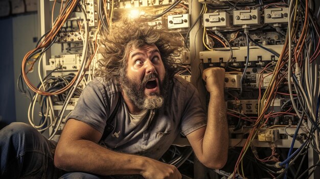 bearded man sits in shock among the wires