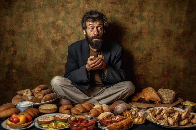 Photo a bearded man sits surrounded by a variety of foods including an array of breads and bowls of snacks