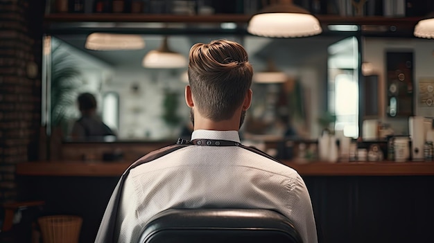 Bearded man sitting on chair in barbershop back view