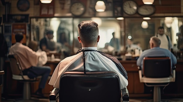 Bearded man sitting on chair in barbershop back view