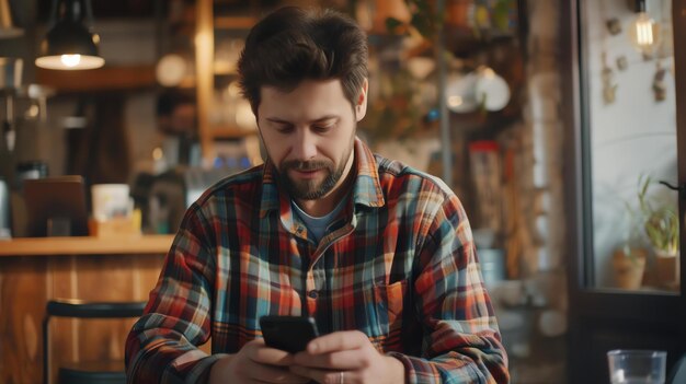 Photo bearded man sitting in a coffee shop and using his phone