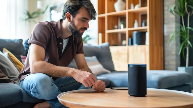 Bearded man sitting on the couch and talking to a smart speaker He is casually dressed and looking at the device