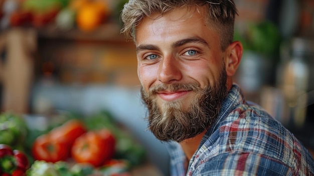 Photo bearded man smiles at camera