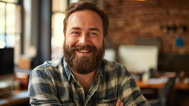 Photo bearded man smiling wearing a plaid shirt in an office setting