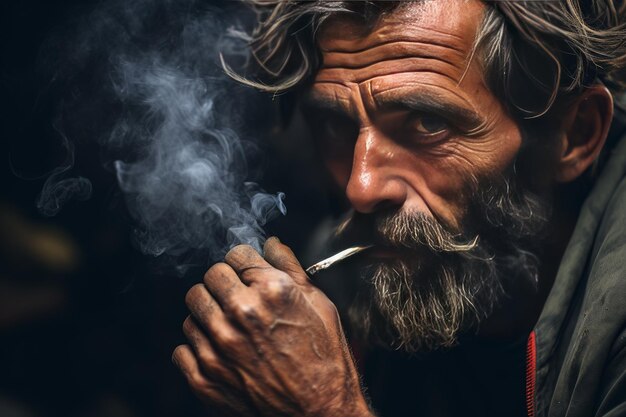 Foto uomo barbuto che fuma una sigaretta