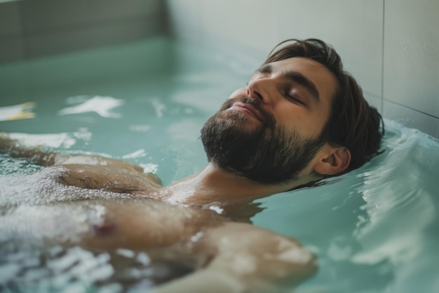 Bearded man soaks in a tranquil warm bath infused with healing Epsom salts eyes closed in deep relaxation