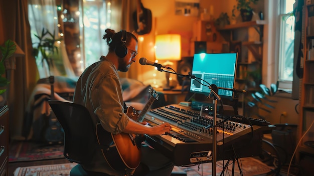 Bearded man speelt gitaar en zingt in een thuis studio Hij draagt koptelefoon en er is een microfoon voor hem