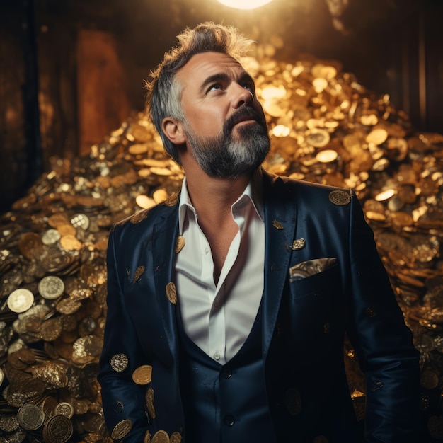 Photo bearded man in suit standing in front of a pile of gold coins looking up