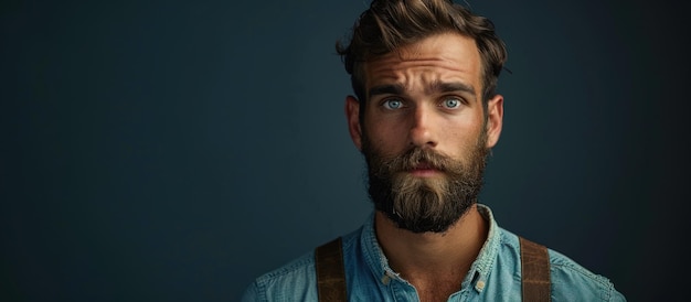 Bearded Man in Suspenders Looking Up