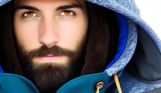 A bearded man wearing a blue hoodie jacket