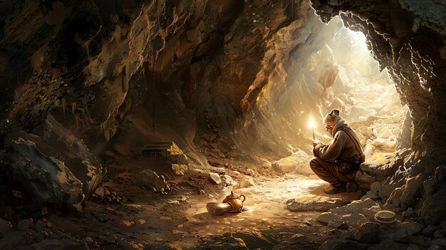 Photo bearded man wearing a brown cloak and hat is on his knees in a dark cave