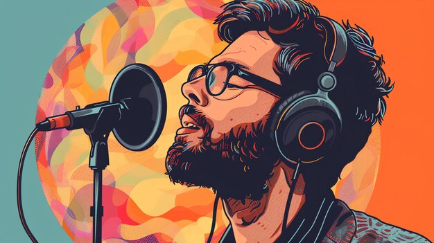 Bearded man wearing glasses and headphones sings into a microphone against a colorful background