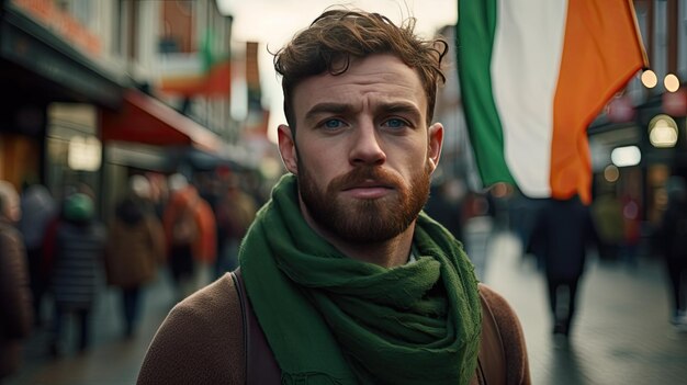 Photo bearded man wearing green scarf standing outdoors st patrickt day