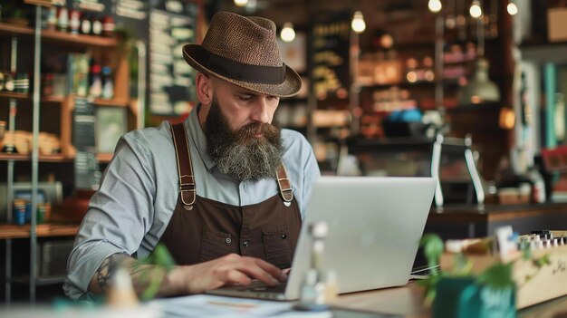 Bearded man wearing a hat and apron works on his laptop in a coffee shop