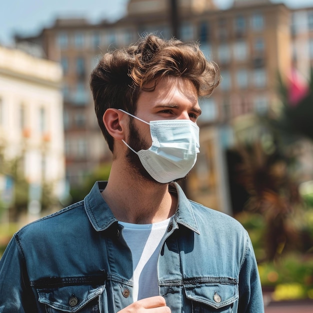 Bearded man wearing a medical face mask during the COVID19 pandemic