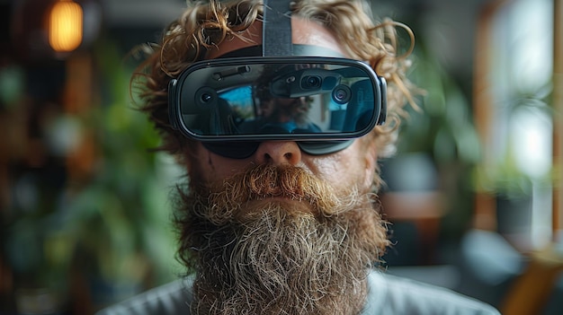 A bearded man wearing virtual reality goggles in a modern workplace Smartphone and VR headset are used together Horizontal blurred shot