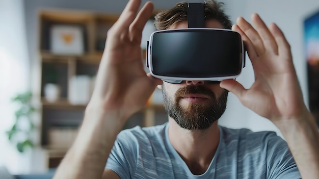 Фото Бородатый мужчина, носящий наушники виртуальной реальности и исследующий виртуальные миры футуристическая технология и концепция развлечений