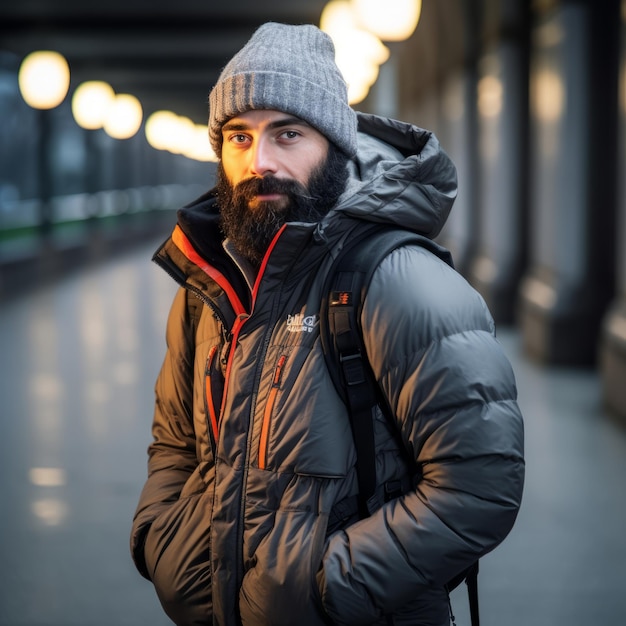 a bearded man wearing a winter jacket and hat