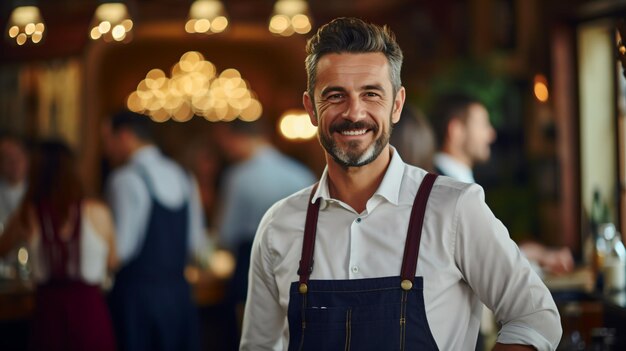 Bearded man in white shirt and apron standing in restaurant