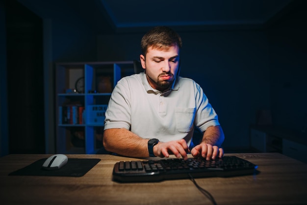 Bearded man in a white tshirt working at night on a computer\
with a dissatisfied face typing a code