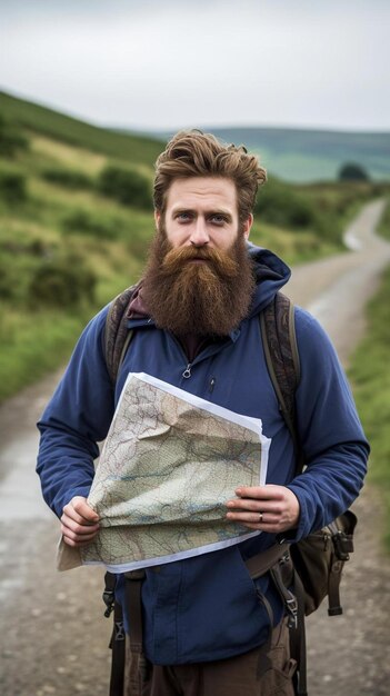 Фото Бородатый мужчина с картой в руке смотрит в камеру