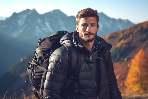 Photo a bearded man with a backpack on his back stands against the background of mountains in autumn tourism travel hobbies