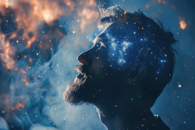 Bearded man with brain neurons thinking like cosmos in night sky