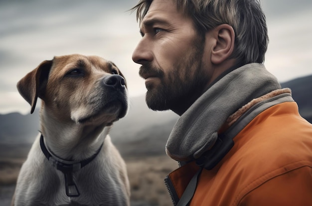 Bearded man with dog posing outside Puppy doggy beloved friend and companion Generate ai