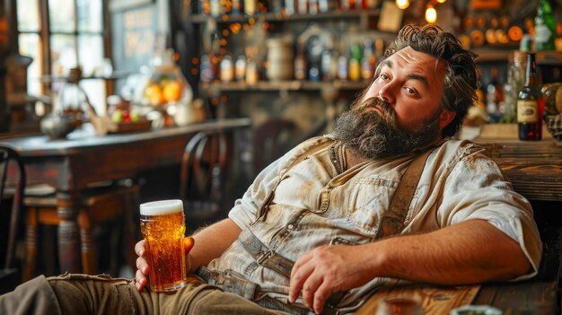 Foto uomo barbuto con un bicchiere di birra in un pub