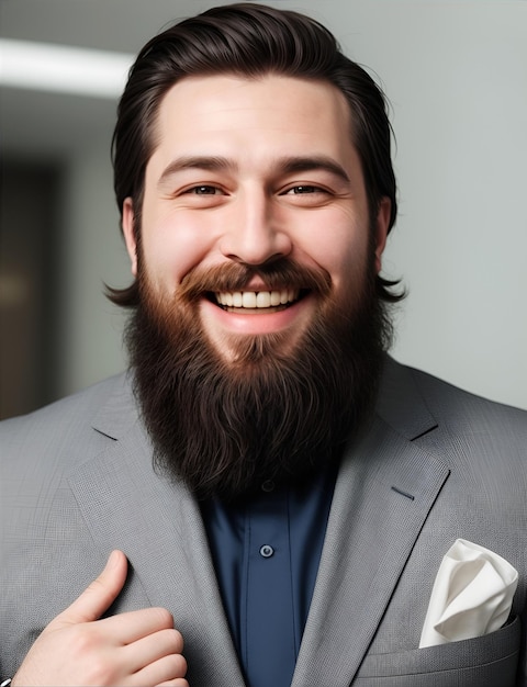 A bearded man with a gray suit and with his thumb up smiling to the camera